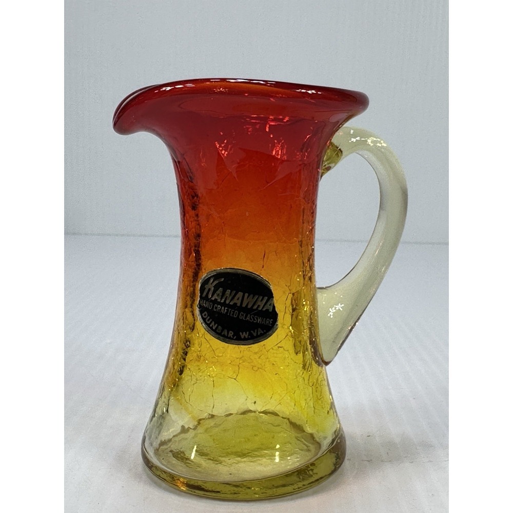 VTG Kanawha Amberina Hand Blown Crackle Glass Pitcher‎ Applied Handle Red Yellow